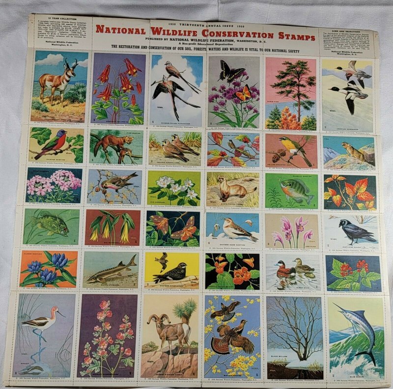 Lot of 7 National Wildlife Conservation Stamps Sheets. 1950 - 1959