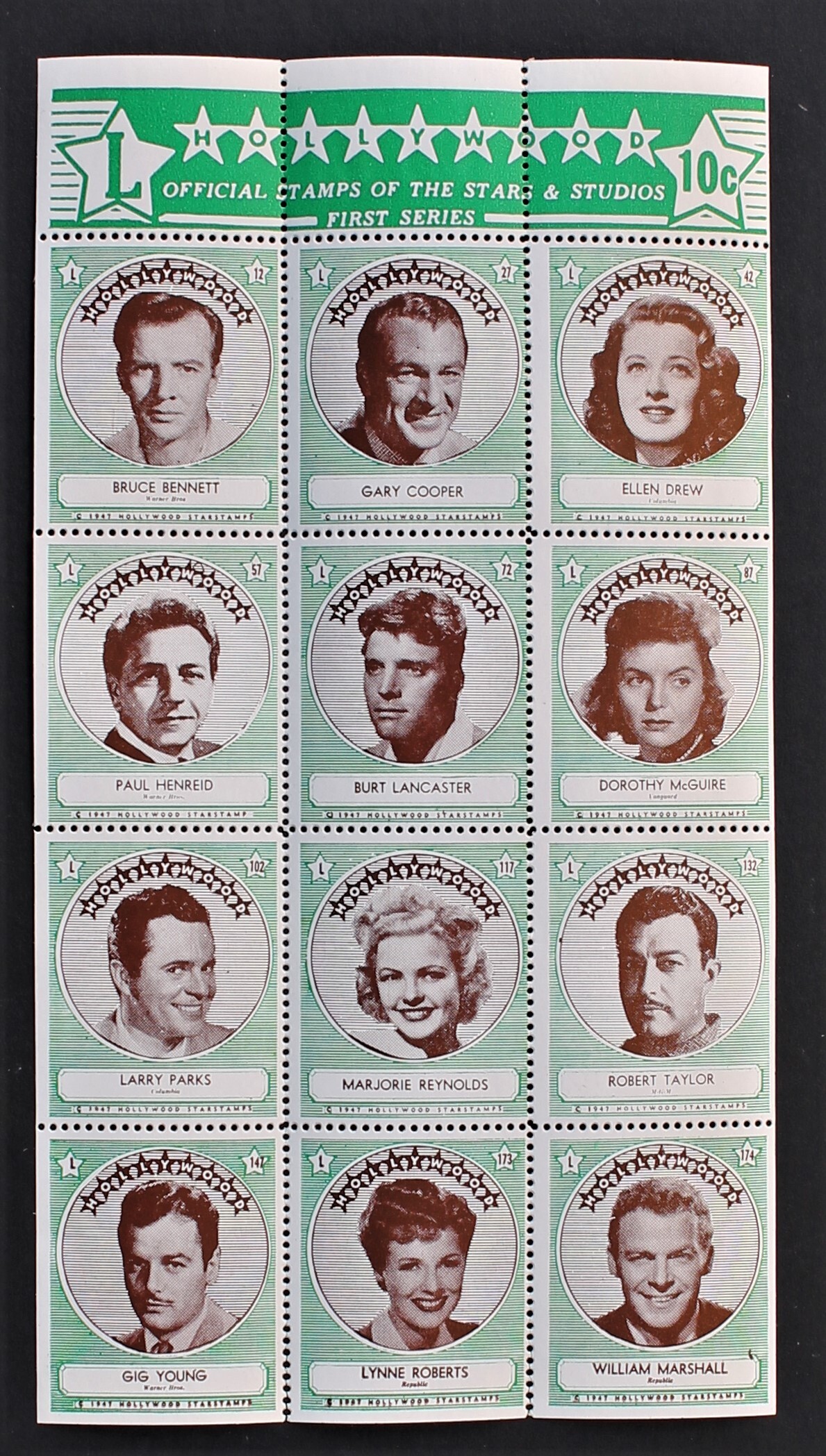 Hollywood Star Stamps S/S of 12, 1947 Gary Cooper, Burt Lancaster