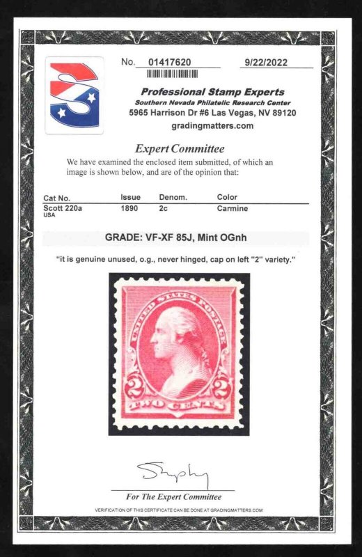 momen: US Stamps #220a ONE CAP MINT OG NH PSE GRADED CERT VF/XF-85J LOT #79144*