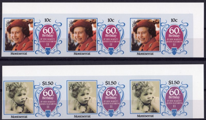 MONTSERRAT 1986 QUEEN'S EIZABETH II 60Th.STRIP OF 3 SETS IMPERFORATED MNH