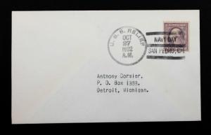 US Naval Cover USS Relief US #489 Navy Day Cover Oct 27, 1932 Very Clean