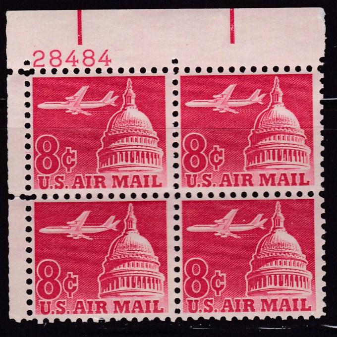 United States 1962 8cent Jet over Capitol Air  Plate Nr. Block of 4. VF/NH(**)