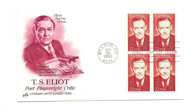 2239 T. S. Eliot ArtCraft block of 4, FDC