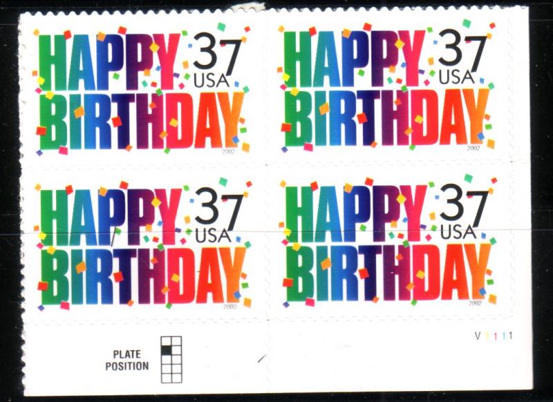 US#3695 37c - Happy Birthday - Plate Block of 4 MNH CV $3.00