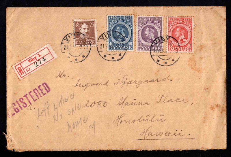 Denmark Christian X Scott 294-296 set on Registered Letter to Hawaii