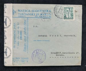 1940 Turciansky Czechoslovakia Censorship Cover to Kromeriz