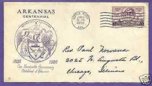 782  ARKANSAS CENT.3c 1936 AT LITTLE ROCK, GRIMSLAND FIRST DAY COVER.