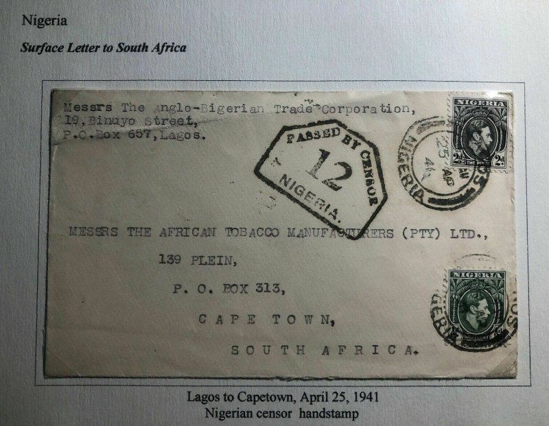 1941 Lagos Nigeria Censored Cover To Tobacco Manufacturers Capetown South Afroca
