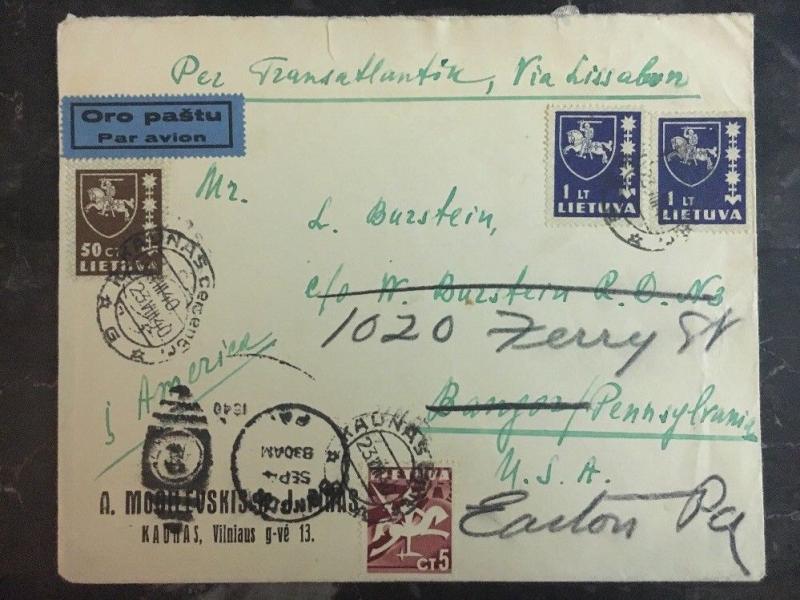 1940 Kaunas Lithuania Airmail cover Redirected To Easton USA