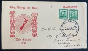 1938 Aukland New Zealand First Day Cover FDC To Canada King George VI