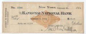 1918 check RN-G1 facsimile imprint Hanover National Bank NYC [6514.35]