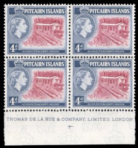 Pitcairn Islands #31 Cat$20, 1958 4p ultramarine and rose red, imprint block ...