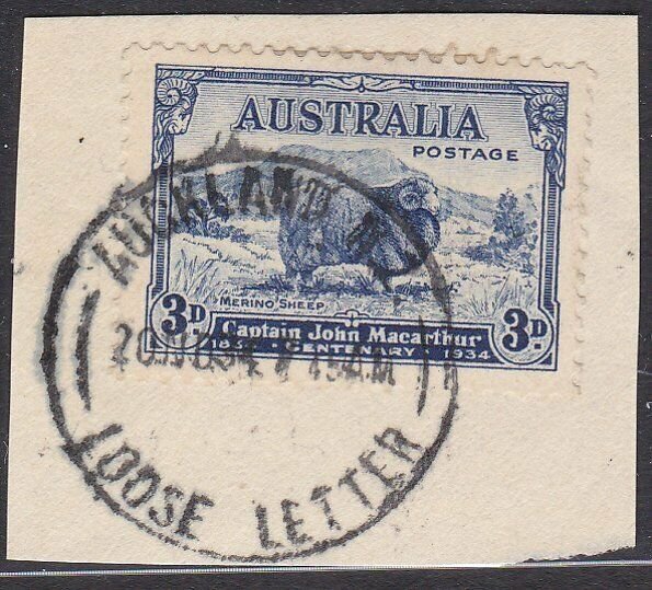 AUSTRALIA USED IN NEW ZEALAND 1934 AUCKLAND LOOSE LETTER cds on piece.......C622