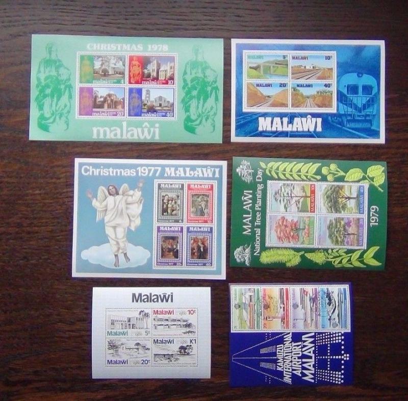 Malawi 6 x M/S 1978-83 Railway Xmas Trees Airport London 1980 etc MNH