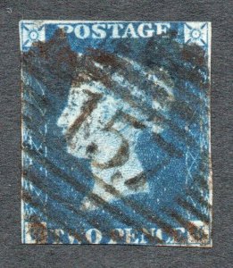 1840 2d blue Pl. II with 1844-type cancellation 157 of Queenstown. Rare