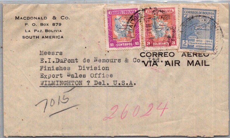 BOLIVIA POSTAL HISTORY AIRMAIL REG COVER MULT FRANKING ADDR USA CANC YRS'1940-50 