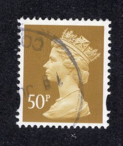 Great Britain 1996-2010 50p ocher Machine, Scott MH271 used, value = $2.00