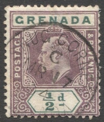 GRENADA 1902 Sc 48, Used 1/2d  KE with scarce SNUG CORNER cancel, VF