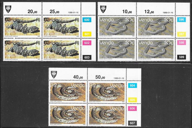 South Africa - Venda  #128-148*  Reptiles Margin Blks of 4 (MNH) CV $51.80