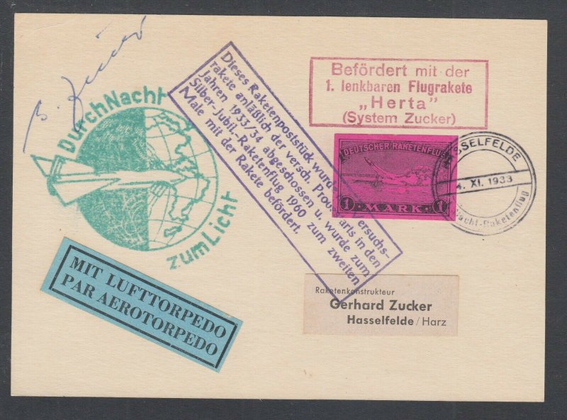 Germany E-Z BC1a, flown 1933 Rocket Mail card, no German postage, unusual.