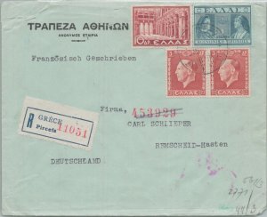 SCHALLSTAMPS GREECE 1940 WWII REGISTERED CENSORED COVER ADDR GERMANY CANC PIRCEF