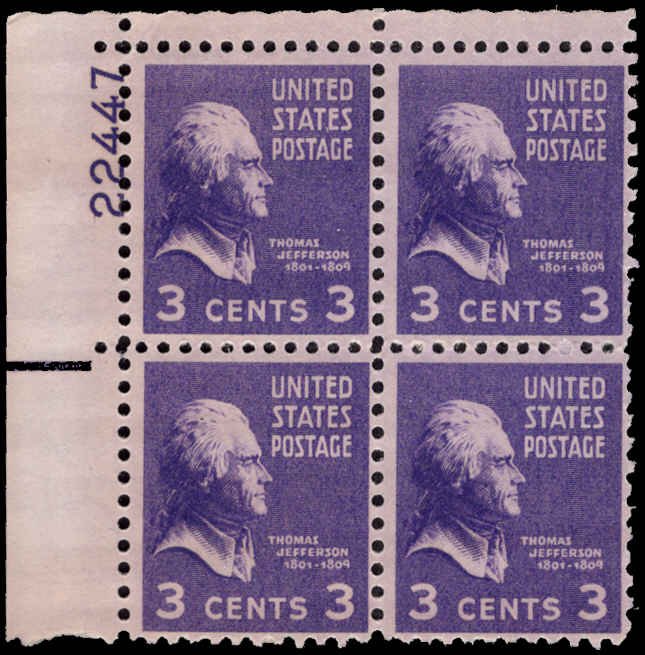 US #807 THOMAS JEFFERSON MNH UL PLATE BLOCK #22447 DURLAND $2.00