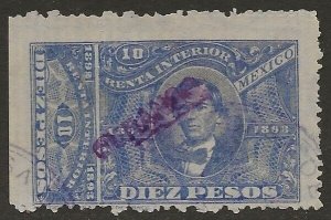 Mexico Revenue 1892-93 Renta Interior Ocampo 10P Blue Fine Used CV 15.00