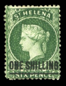 St. Helena #17 Cat$750, 1873 1sh on 6p deep green, hinge remnant