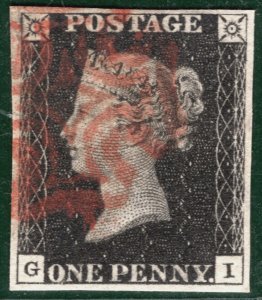 GB PENNY BLACK QV 1840 Stamp SG.2 1d Plate 9 (GI) Used Red MX Cat £625 REDB16