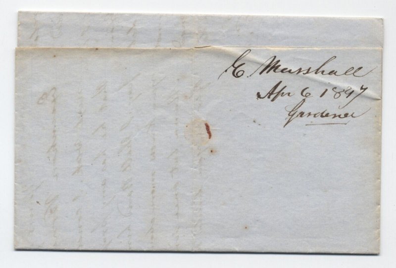1847 Gardiner ME red CDS and 5 rate handstamp stampless folded letter [6432.108]