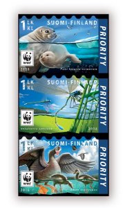 Finland 2016 WWF Rarest fauna seals geese dragonflies set of 3 stamps in strip