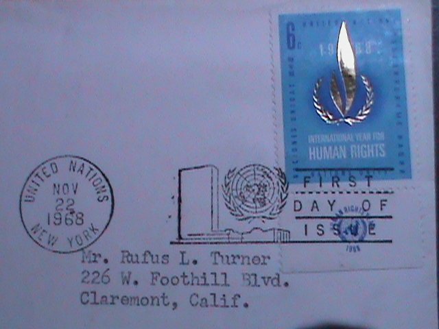 ​UNITED NATIONS-1968 INTERNATIONAL HUMAN RIGHTS YEAR-1ST DAY COVER-USED: VF