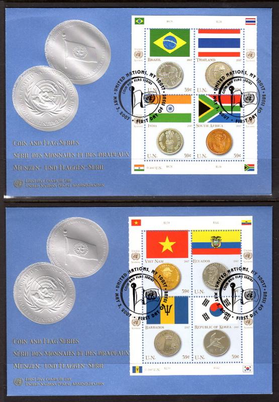 UN New York 930 Flags Coins UN Postal Admin Set of Two U/A FDC