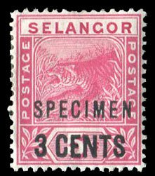 Malayan States - Selangor #28S (SG 53s) Cat£35, 1894 3c on 5c Tiger, overpri...