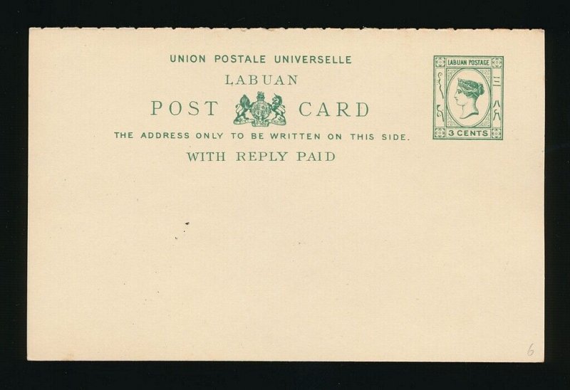 LABUAN 1893 Double Reply Postcard QV 3c green. H&G/Tan 4.