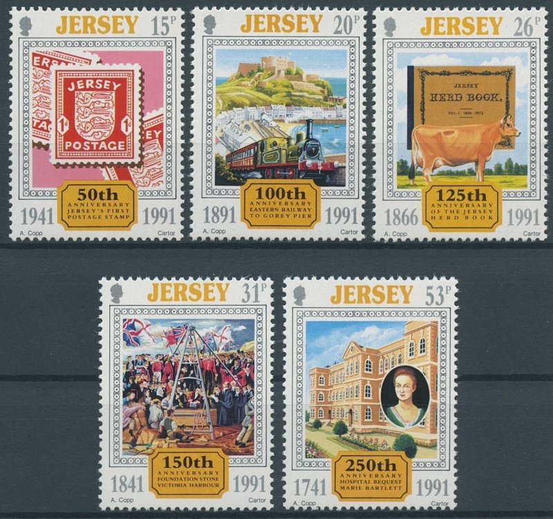 Jersey 1991 MNH Anniversaries Stamps Trains Cows Stamps-on-Stamps SOS 5v Set 