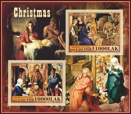 Stamps. Art, Painting.Christmas 2022 year 1+1 sheets perf  Laos