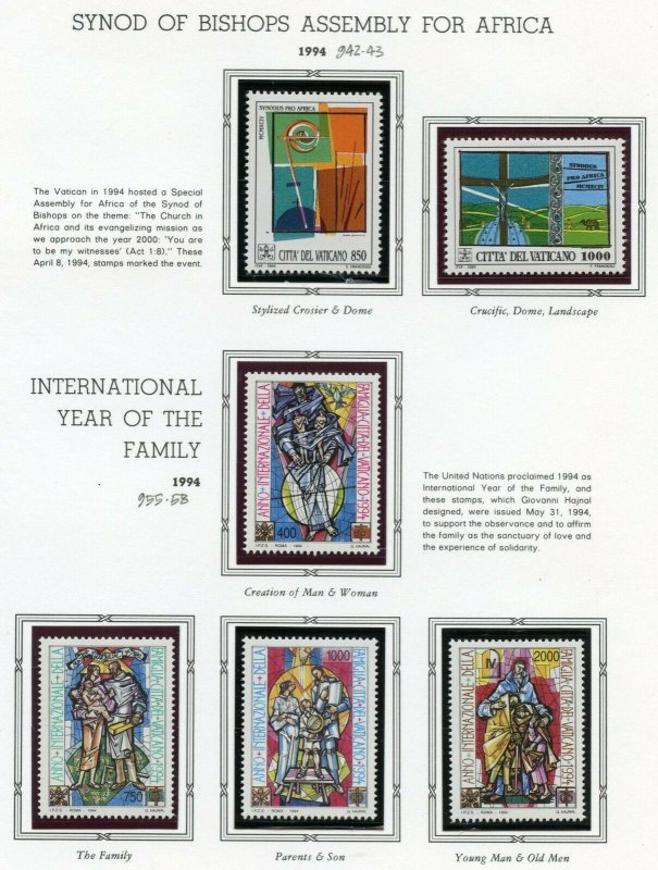 VATICAN CITY 1994 COMPLETE YEAR SET STAMPS MINT NH & BOOKLET ON WHITE ACE  PAGES