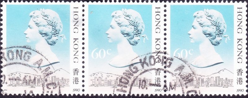 HONG KONG 1990 QEII  60c Strip of 3 Multicoloured SG603 FU