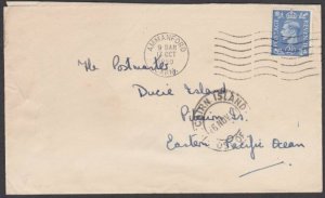 PITCAIRN 1950 inwards cover from GB with cds on front.......................M529