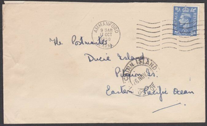 PITCAIRN 1950 inwards cover from GB with cds on front.......................M529