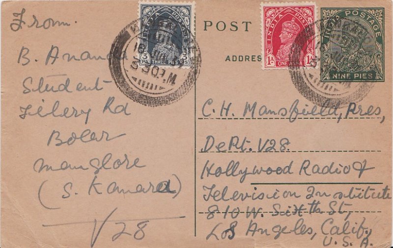 India 3p and 1a KGVI on 9p KGV Postal Card 1939 Mangalore to Los Angeles, Cal...