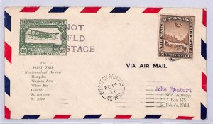 Canada NEWFOUNDLAND Air FIRST FLIGHT Western Arm *15c Vignette* Cover 1931 YN1