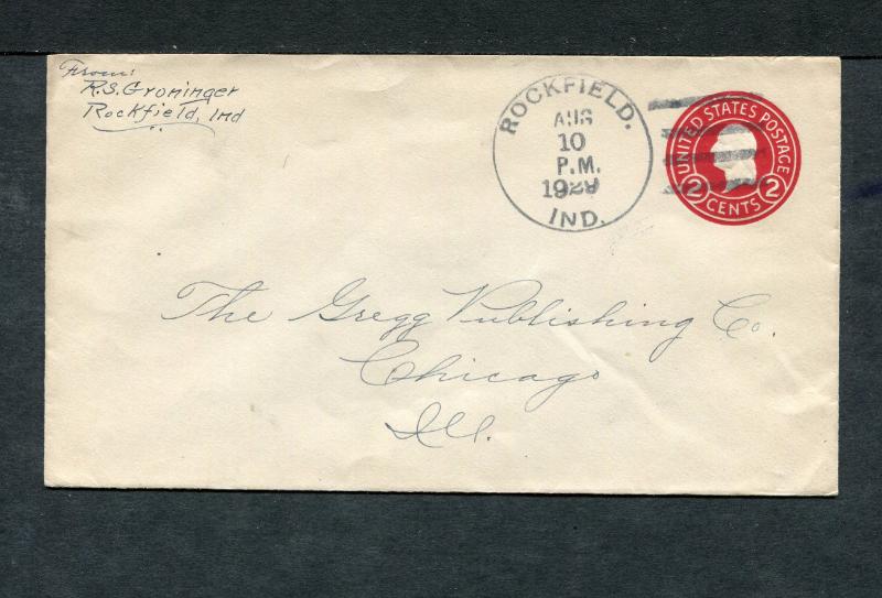 Postal History - Rockfield IN 1929 Black 4-bar Cancel Postal Stationery B0498