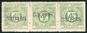 GB NER RAILWAY KGV Letter Stamp 4d North Eastern (1922) STRIP{3} Mint MM RSB113