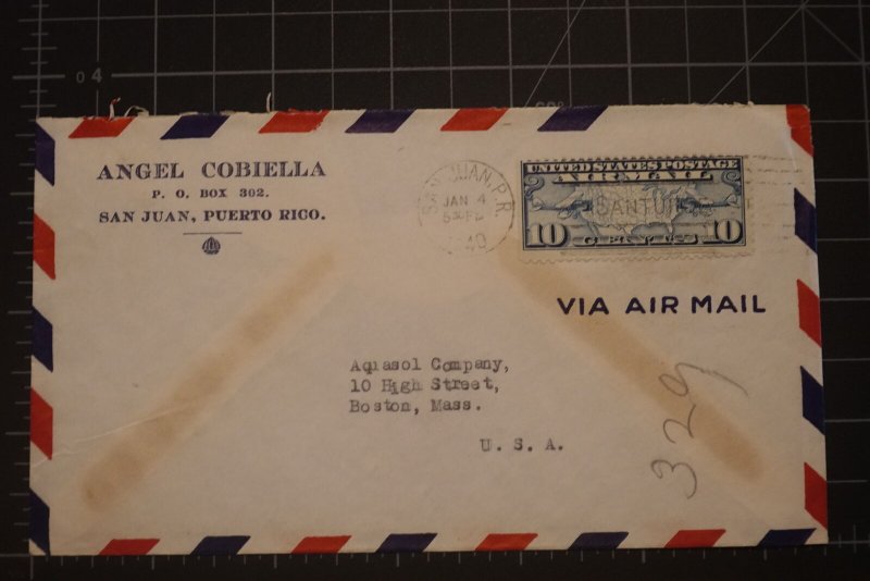 Angel Cobiella San Juan Puerto Rico 1/4/1940 10c #C7 airmail Map & Planes to Bos