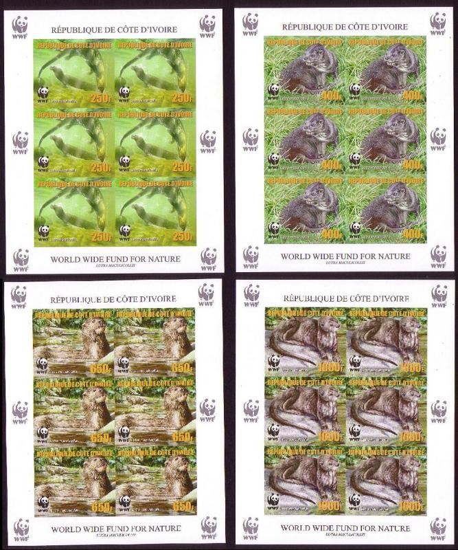 Ivory Coast WWF Speckle-throated Otter 4 imperforated Sheetlets of 6 stamps 6