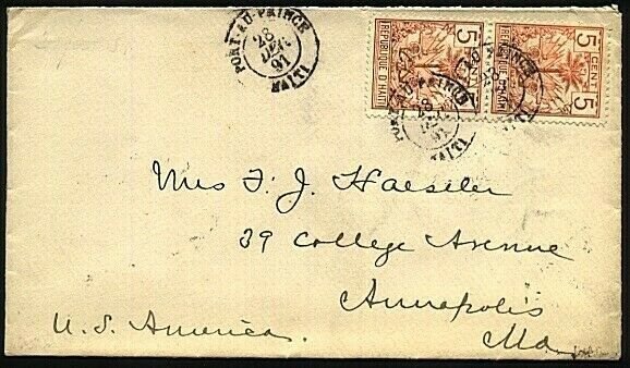 HAITI 1891 pair 5c on cover PORT AU PRINCE to Annapolis USA................22813