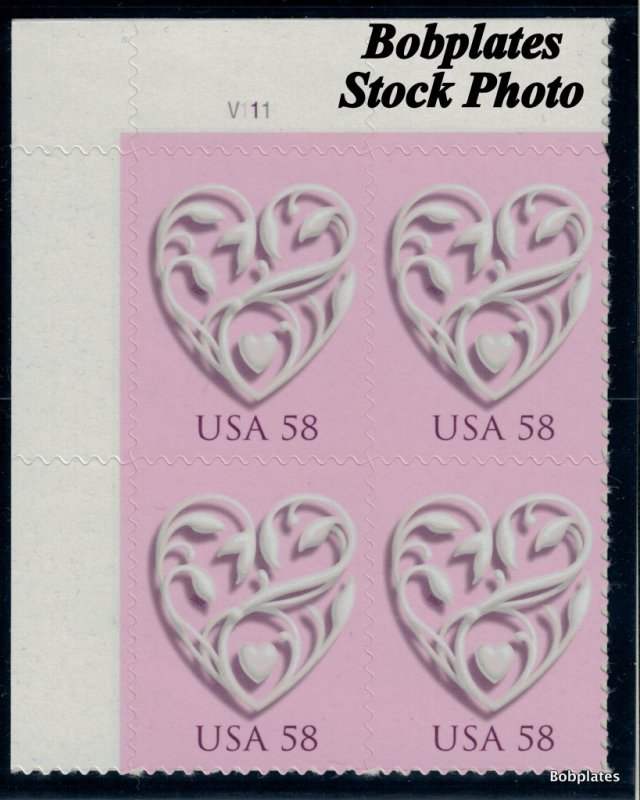 BOBPLATES #4152 Love Heart Upper Left Plate Block V1111 F-VF NH SCV=$5