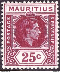 MAURITIUS 1938 KGVI 25 Cents Brown-Purple SG259 MH